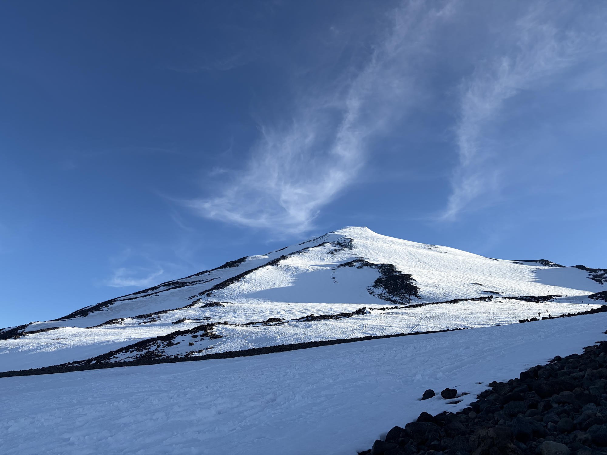 The snow-covered summit cone of Mt. Adams rising against a deep blue sky